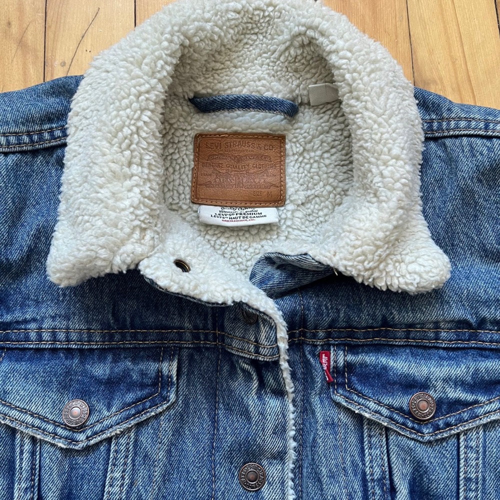 Levis Sherpa Lined Trucker Jacket Medium Wash Denim Blue Mens Size S - Picture 10 of 16